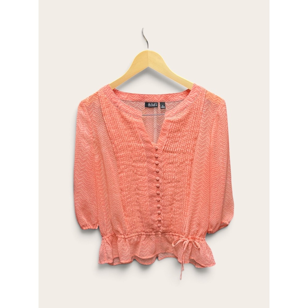 a.n.a Petite Coral Chevron V-Neck Pintuck Button Front Peplum Blouse PL